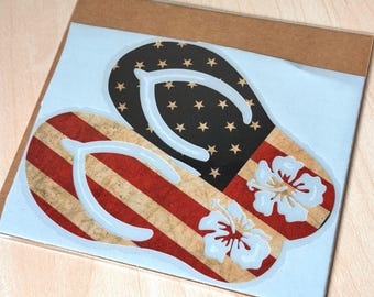 Rustic American Flag Flip Flop Decal, Patriotic Beach Sticker, 4th of July Car Decal, Summer Coastal Vinyl, Red White Blue Gift