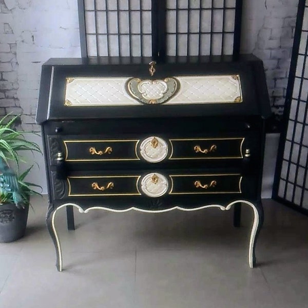 SOLD OUTSIDE ETSY  Posh Vintage Secrétaire in black and cream, Annie Sloan chalk paint