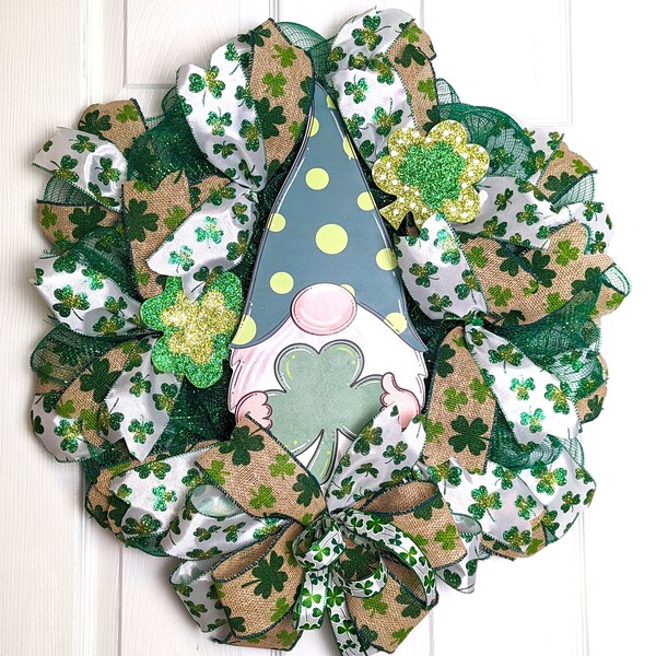 St. Patrick's Day Gnome Wreath Lucky Clover Gnome Wreath St. Patty Wreath with Gnome Green Clover  Wreath Birthday Gift Housewarming Gift