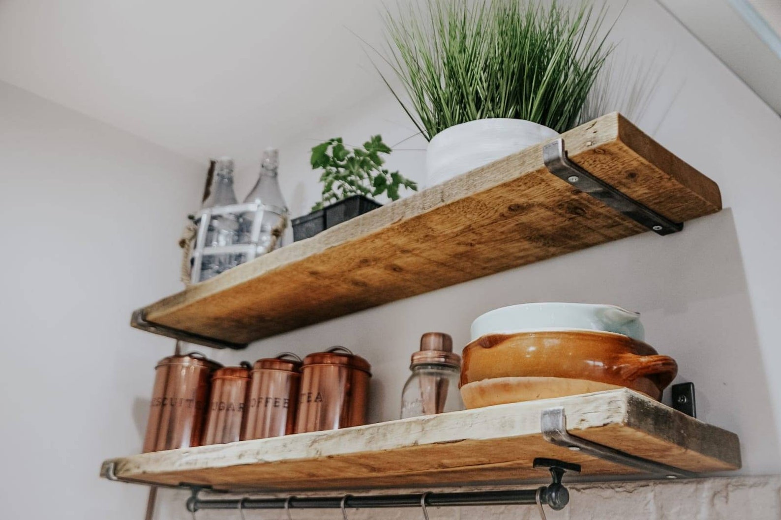 Rustic Scaffold Board Shelves With Industrial Raw Steel Brackets 22cm