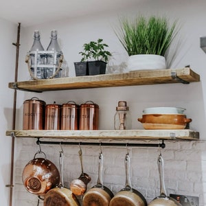 Rustic scaffold board shelves with industrial raw steel brackets | 22cm deep x 3.2cm thick | Handmade | Kitchen shelves | Rustic shelves