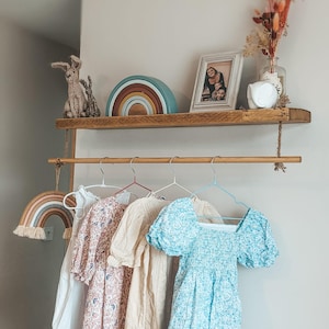 Rustic Floating shelf with wooden hanging rail | Open Wardrobe | Hanging Rail | Nursery shelf | Nursery furniture | 22cm deep x 3.2cm thick