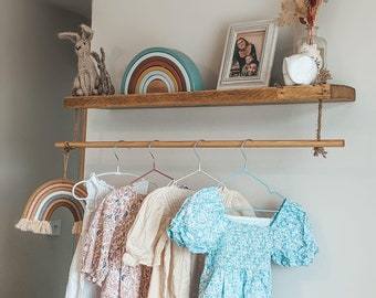 Rustic Floating shelf with wooden hanging rail | Open Wardrobe | Hanging Rail | Nursery shelf | Nursery furniture | 22cm deep x 3.2cm thick