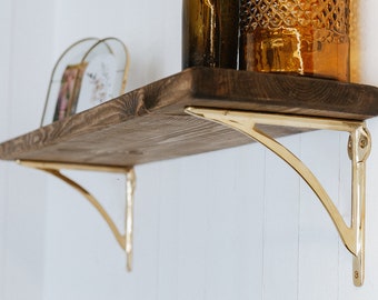 Rustic solid wood shelves with Gold cast iron brackets | 22cm deep x 3.2cm thick | Handmade