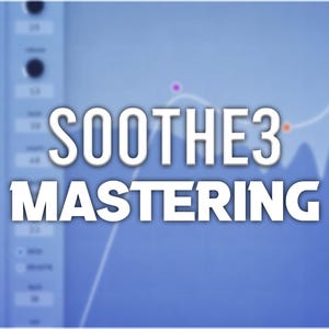 May include: A blue graphic with the text "SOOTHE3 MASTERING" in white. The background features a blurred interface with knobs and sliders, and a waveform graph with colored markers.