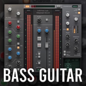 Puede incluir: Una interfaz de estación de trabajo de audio digital (DAW) con varias perillas, controles deslizantes y medidores. La interfaz es de color gris oscuro con acentos rojos y azules. El texto "BASS GUITAR" se muestra en blanco en la parte inferior.