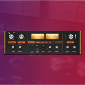 May include: A black VCA compressor with silver dials and orange text. The device features two analogue meters and a series of lights. The text "VCA COMPRESSOR" is printed on the front.