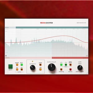 May include: A digital audio exciter interface with the text "WEISS EXCITER". The interface features a waveform graph, control knobs, and buttons. The color scheme is primarily white, red, and green, with a red background.