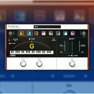 May include: A screenshot of a digital audio workstation plugin called "Topline Vocal Suite". The plugin has a tuner, a pitch shifter, and a formant shifter. The tuner shows that the current note is a G. The pitch shifter has a slider for adjusting the pitch and a slider for adjusting the formant.