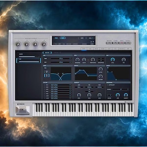 Peut inclure: Un clavier synthétiseur numérique argenté doté d'un écran central, de plusieurs boutons de commande et d'un clavier de type piano. L'interface affiche divers paramètres d'édition audio, des curseurs et des courbes de fréquence sur fond sombre.