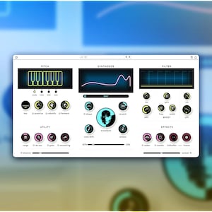 May include: A digital audio workstation (DAW) interface with a user-friendly design. The interface features sections for pitch, synthesis, and filter controls, with a keyboard graphic and various knobs and sliders. The color scheme is primarily blue and white.
