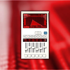Peut inclure: Un appareil électronique blanc avec un écran rouge affichant un graphique triangulaire et divers réglages. L'appareil comporte des curseurs, des boutons et un bouton "Setup". Le fond est un dégradé de rouge.
