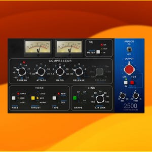 May include: A black and blue audio compressor with multiple knobs, dials, and meters. The device has the text "COMPRESSOR" and "2500" printed on it. The background is a gradient of orange and yellow.