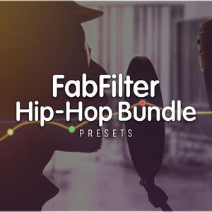 Pode incluir: Imagem com um microfone e a silhueta de uma pessoa com um chapéu. O texto "FabFilter Hip-Hop Bundle" é exibido em branco, com "Presets" abaixo. Uma linha amarela com pontos verdes e vermelhos atravessa a imagem.