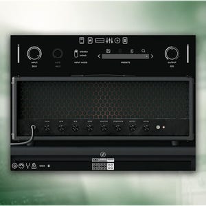 May include: A digital audio interface plugin featuring a black guitar amplifier head graphic with a hexagonal mesh grille. The interface includes control knobs for gain, low, mid, high, master, presence, depth, and level, plus input and output dials.