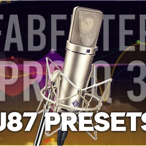 Può includere: Un microfono argentato con una griglia nera sul davanti, davanti a una grafica viola e gialla con il testo "FABFILTER PRO Q 3 U87 PRESETS".