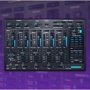 以下が含まれることがあります： 青いアクセントと複数のノブとスライダーが付いたダークグレーのデジタルオーディオインターフェース。インターフェースには、「ハーモニーコントロール」、「ボイスパラメータプリセット」、「グライド」、「フリーズ」、「ビブラート」、「コーラス」、「ボイス1」、「ボイス2」、「ボイス3」、「ボイス4」のラベルがあります。