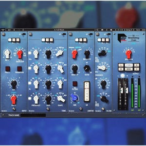 May include: A blue and white digital audio mixing console with knobs, sliders, and buttons. The console has a label that reads "TG Mastering Chain".