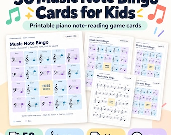 50 Music Note Bingo Cards for Kids | Printable Piano Note Reading Game