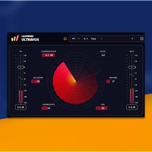 May include: A dark interface with the text "LEAPWING ULTRAVOX" at the top. The interface features sliders, numerical readouts, and a central red and yellow radial graphic. The background is a gradient of blue and yellow.