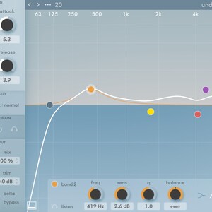 Screenshot of Soothe2 plugin interface by oeksound, showcasing advanced dynamic resonance suppression with intuitive controls for frequency and intensity. Designed to reduce harshness and unwanted frequencies in vocals, instruments, and mixes