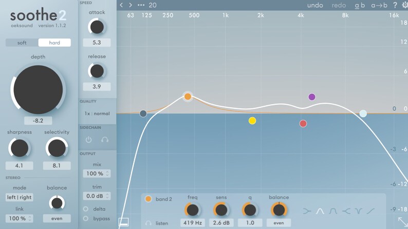 Screenshot of Soothe2 plugin interface by oeksound, showcasing advanced dynamic resonance suppression with intuitive controls for frequency and intensity. Designed to reduce harshness and unwanted frequencies in vocals, instruments, and mixes
