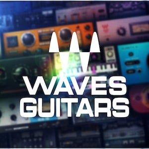 Pode incluir: Um logotipo branco com o texto "WAVES GUITARS" e quatro ondas estilizadas brancas sobre um fundo desfocado de interfaces de software de mixagem de áudio coloridas.