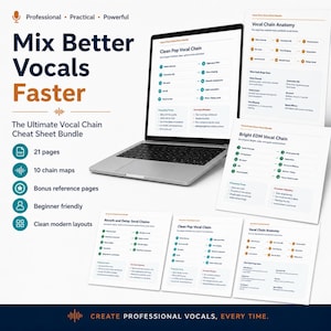 Może przedstawiać: Laptop wyświetla pakiet arkuszy "Mix Better Vocals Faster". Pakiet zawiera 21 stron, 10 map łańcuchów, dodatkowe strony referencyjne i jest przyjazny dla początkujących. Widoczne są dodatkowe arkusze z tekstem "Clean Pop Vocal Chain" i "Vocal Chain Anatomy".