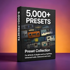 Puede incluir: Una caja negra con el texto "5,000+ PRESETS" en blanco. La caja muestra una colección de equipos de audio. El texto "Preset Collection" está debajo, con una descripción de los plugins compatibles.