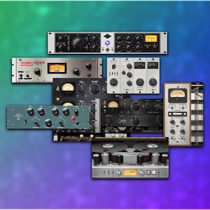 Puede incluir: Una colección de equipos de audio profesionales, que incluyen procesadores montados en rack, mezcladores y una máquina de cinta. Los dispositivos cuentan con perillas, medidores y varias entradas y salidas. El fondo tiene un degradado de verde, azul y morado.