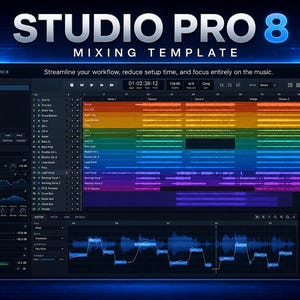 Könnte beinhalten: Eine digitale Audio-Workstation-Oberfläche mit dem Titel STUDIO PRO 8 MIXING TEMPLATE. Der Bildschirm zeigt ein Mehrspur-Arrangement mit farbcodierten Audiowellenformen, einem Browser-Panel, Inspektoreinstellungen und einer Master-Ausgangsanzeige.