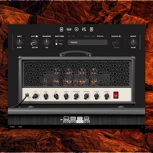May include: A black and cream guitar amplifier head with a geometric speaker grill. The amplifier features multiple knobs, a power switch, and a handle. The background is a textured, reddish-brown surface.