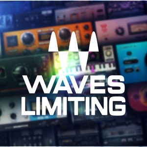 以下が含まれることがあります： カラフルなオーディオプラグインのぼやけた背景に、「WAVES LIMITING」というテキストが書かれた白いロゴ。ロゴには、白いスタイリッシュな波が4つ描かれている。