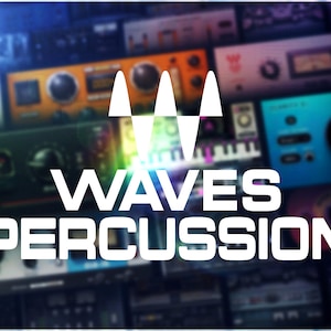 Pode incluir: Um logotipo branco com o texto "WAVES PERCUSSION" em um fundo desfocado de interfaces de software de mixagem de áudio coloridas.