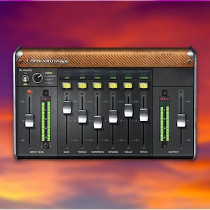 May include: A black and silver audio mixer with a brown textured top panel. The mixer has multiple sliders, buttons, and LED level indicators. The text "Chris Nord-Age" is visible on the top left.