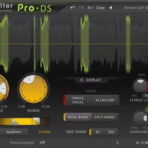 May include: A dark interface of the FabFilter Pro-DS software instrument. It features yellow dials, a display of audio waveforms, and text labels such as "Threshold," "Range," and "Stereo Link." The interface has a professional, technical aesthetic.