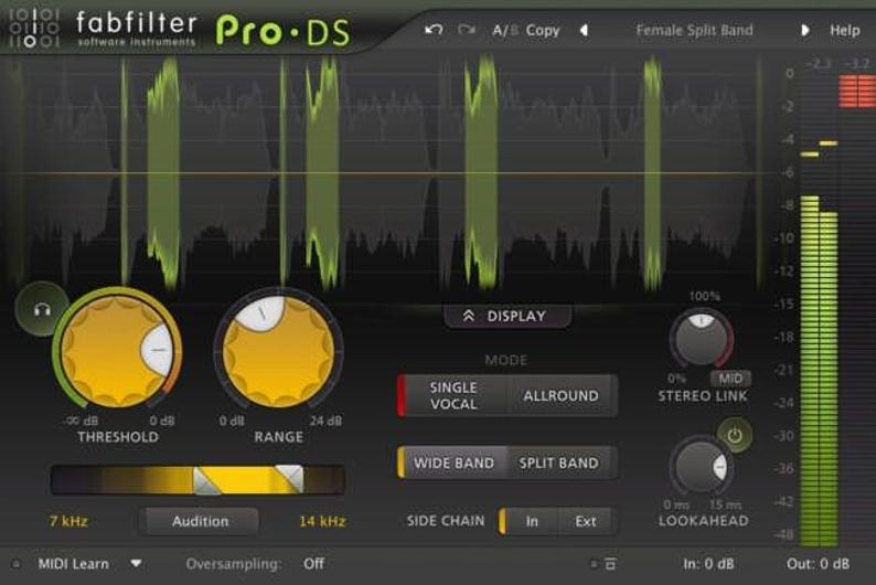 May include: A dark interface of the FabFilter Pro-DS software instrument. It features yellow dials, a display of audio waveforms, and text labels such as "Threshold," "Range," and "Stereo Link." The interface has a professional, technical aesthetic.