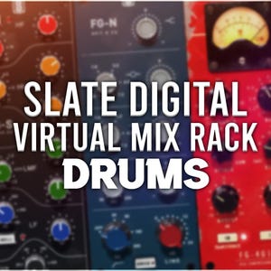 Könnte beinhalten: Eine Nahaufnahme der Slate Digital Virtual Mix Rack Drums Plugin-Oberfläche. Die Oberfläche verfügt über eine Vielzahl von Knöpfen, Tasten und Messgeräten, alle in einem eleganten, modernen Design. Der Text "SLATE DIGITAL VIRTUAL MIX RACK DRUMS" wird in großen, fetten Buchstaben angezeigt.