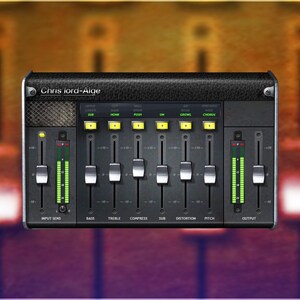 Op de afbeelding: Een zwarte audiomixconsole met schuifregelaars, knoppen en knoppen. De console heeft de tekst "Chris lord-Alge" bovenaan. De schuifregelaars hebben groene niveau-indicatoren. De console is ontworpen voor audiomixing en -opname.