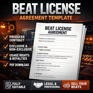 Pode incluir: Um documento intitulado "BEAT LICENSE AGREEMENT" com texto incluindo "Producer Contract", "Exclusive & Non-Exclusive" e "Usage Rights & Royalties". O fundo apresenta equipamentos de estúdio e as palavras "SELL YOUR BEATS".