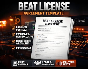 Beat License Agreement Template | Exclusive & Non Exclusive Legal Contract - Fully Editable