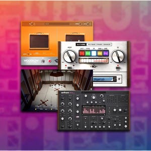May include: A collection of digital audio workstation (DAW) plugins, including a vintage-style amplifier, a multi-band dynamic enhancer, and a synthesizer interface. The image has a gradient background of purple, pink, and blue.