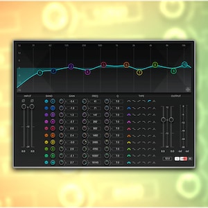 May include: A digital audio equalizer interface with a dark gray background and a teal waveform display. The interface features multiple colored band controls, gain adjustments, and frequency settings. The background has a gradient of orange and green.