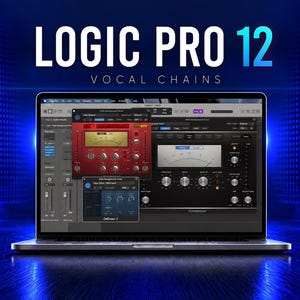 Puede incluir: Una pantalla de ordenador portátil que muestra la interfaz del software Logic Pro 12 con varias ventanas de plugins de audio abiertas, incluyendo un compresor rojo y uno negro, sobre un fondo azul oscuro con el texto LOGIC PRO 12 VOCAL CHAINS.