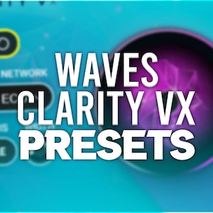 Puede incluir: Primer plano de una pantalla de ordenador que muestra el texto "WAVES CLARITY VX PRESETS" en letras blancas sobre un fondo azul y morado. La pantalla muestra una interfaz de software con botones etiquetados como "NEURAL NETWORK", "Broad EQ", "ANALYSIS" y "DOUBLE".