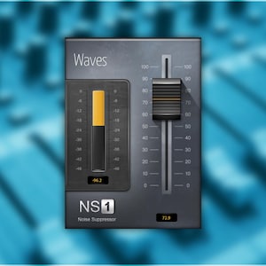 Könnte beinhalten: Digitales Audio-Interface mit dem Text "Waves" oben. Das Interface hat einen Schieberegler und ein Messgerät mit einem gelben Balken. Der Text "NS1 Noise Suppressor" steht unten. Der Hintergrund ist ein verschwommenes Blau.