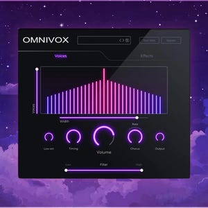 Può includere: Interfaccia di una workstation audio digitale (DAW) con il nome "OMNIVOX". L'interfaccia presenta un visualizzatore con uno spettro rosa e viola, insieme a controlli per volume, temporizzazione e altri effetti. Lo sfondo è un cielo viola con nuvole.