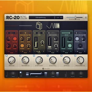 May include: A digital audio workstation (DAW) plugin interface, RC-20 Retro Color, with a retro design. It features various knobs and sliders for audio effects, including Vinyl, Wobble, and Distortion. The interface has a dark color scheme with orange and beige accents.