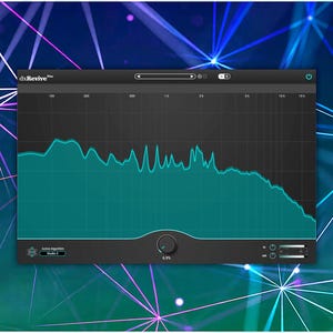 Peut inclure: Interface d'une station de travail audio numérique (DAW) avec un fond gris foncé et un affichage de forme d'onde turquoise. L'interface comporte un bouton de contrôle du volume et divers réglages. Le fond présente un dégradé bleu et vert avec des lignes géométriques blanches et violettes.