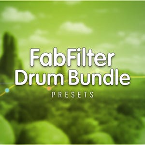Könnte beinhalten: Das Bild zeigt den Text "FabFilter Drum Bundle" in weißer, umrandeter Schrift, darunter das Wort "Presets". Der Hintergrund ist eine verschwommene grüne Landschaft mit Bergen und einer Straße.